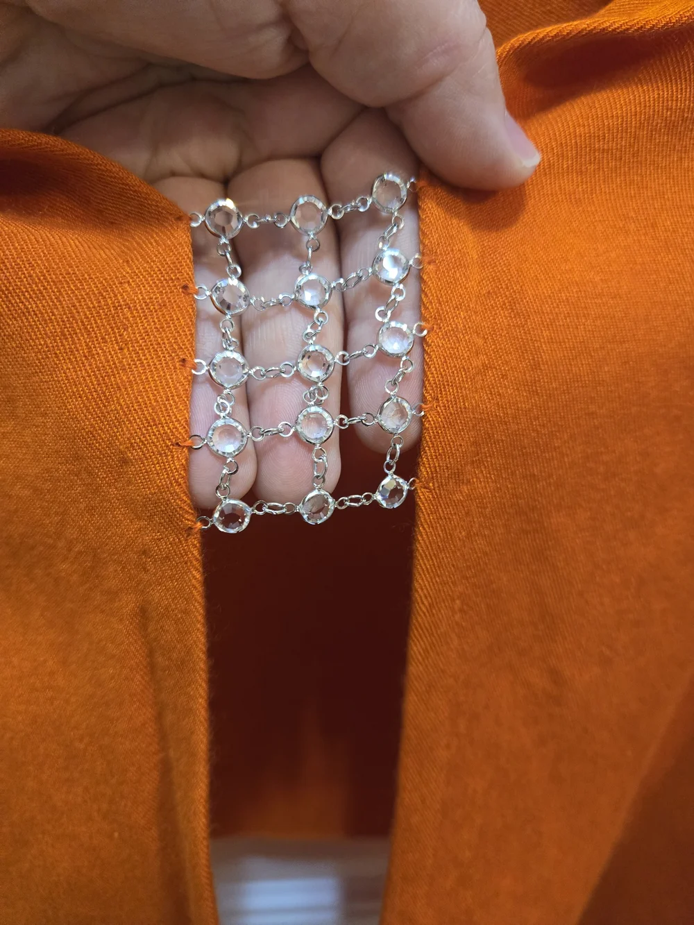 SHIH COMPANY Orange Cashmere Silk Rhinestone Chain Closure Cardigan Shawl Wrap O